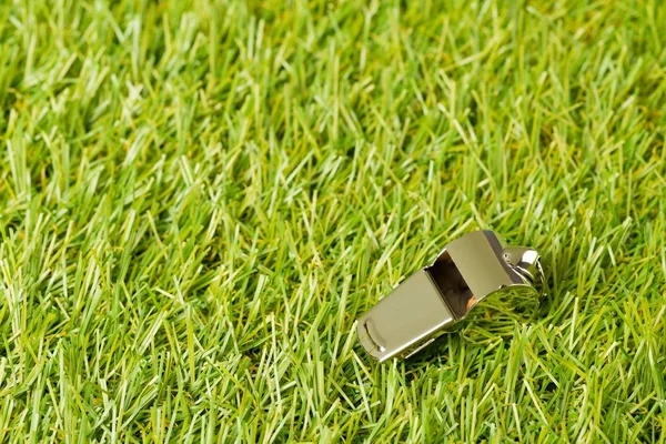 Soccer Sports Silver Chrome Whistle Grass Background Penalty Foul Sports — ストック写真