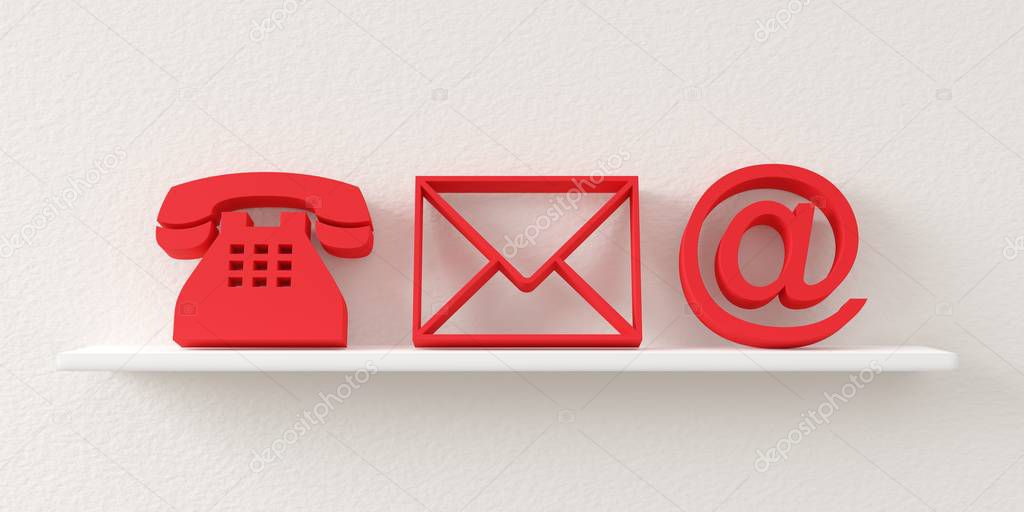 Red telephone, envelope letter and e-mail symbols leaning against wall background on white shelf, contact us symbols or banner, 3D illustration