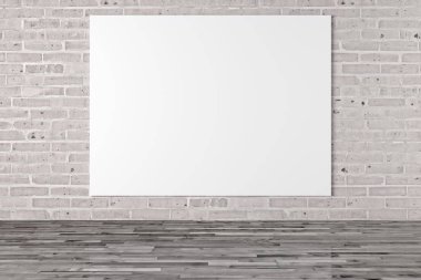 Boş resim çerçeve tuvali tuğla taş duvarda asılı ve ahşap zemin fotokopi alanı - portföy, galeri ya da sanat çalışması şablonu - 3D resimleme