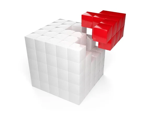 Pièce Puzzle Cubes Rouges Partir Cube Blanc Sur Fond Blanc — Photo