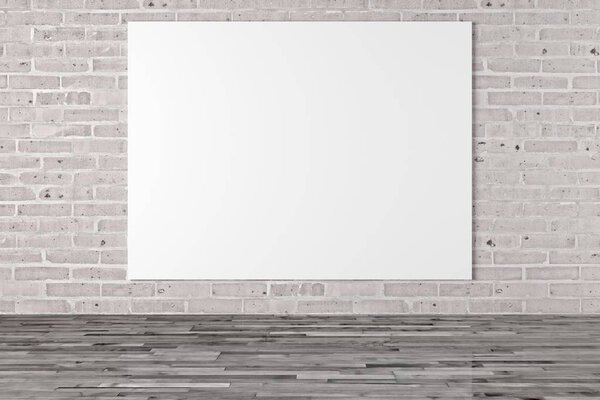 Empty picture frame canvas hanging in room on brick stone wall and wooden floor with copy space - portfolio, gallery or artwork template mock up - 3D illustration