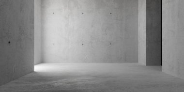 Soyut boş, modern beton duvarlar odası. Soldan ve sert zemin aydınlatmalı. Endüstriyel iç mekan şablonu, 3D resim.