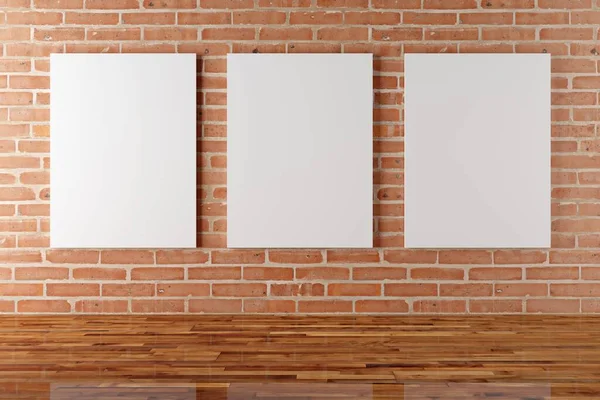 Three Empty Picture Frames Canvases Hanging Room Brick Stone Wall — Stock Photo, Image