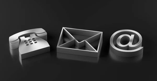 Metall Telefon Briefumschlag Und Mail Symbole Auf Schwarzem Hintergrund Kontaktieren — Stockfoto