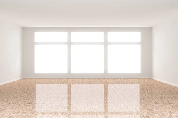 Prázdný Bílý Pokoj Okenní Stěnou Hnědou Lesklou Bambusovou Podlahou Prezentační — Stock fotografie