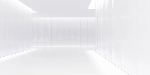 アブストラクト空のモダンな光沢のある白い壁の廊下の部屋には 天井のライトが付いています 産業インテリア背景テンプレート 3Dイラスト — ストック写真