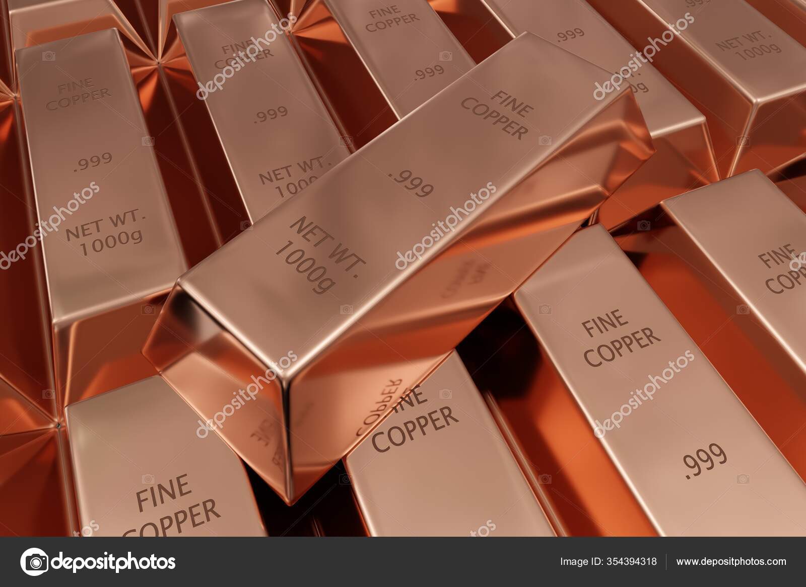 单排光亮铜锭或铜条背景上的单铜锭基本电子产品生产金属或货币投资概念3D说明——图库图片© shawn_hempel #354394318, image size:1600x1167