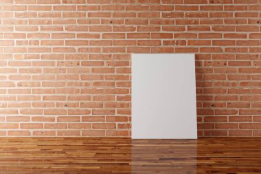 Boş resim çerçeveleri, odadaki tuğla taş duvara yaslanmış, kopya alanı olan ahşap zemin - portföy, galeri veya sanat eserleri şablonu maketi - 3d illüstrasyon