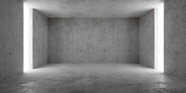 Soyut boş, modern beton oda yan duvarlardan ve kaba zeminden dolaylı aydınlatma - endüstriyel iç plan şablonu, 3D illüstrasyon