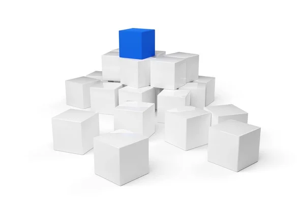 白い背景に白いキューブのヒープの上に青いキューブ ソフトウェアモジュール チームワークまたは群集のリーダーシップの概念から際立って 3Dイラスト — ストック写真