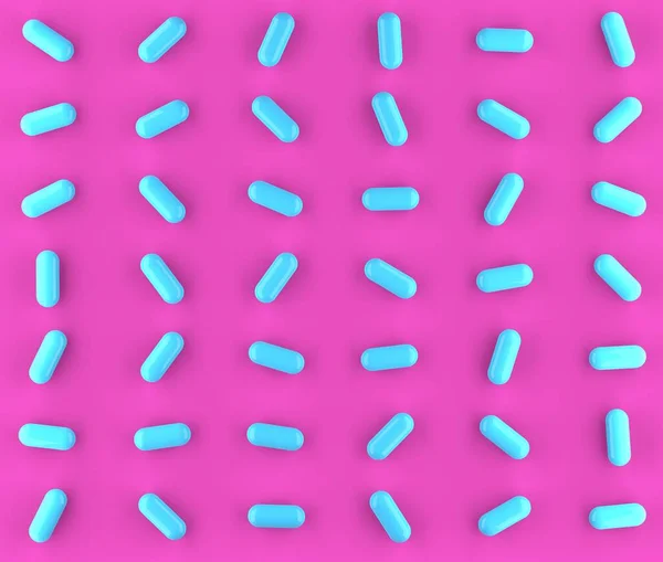 Kék Tabletta Kapszula Lefektetett Geometrikus Rózsaszín Háttér Felülnézet Lakás Felülről — Stock Fotó