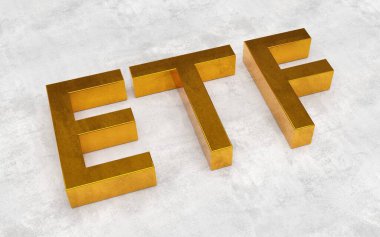 ETF - değiş tokuş fonları - somut arka planda altın harflerle kısaltma - 3D illüstrasyon