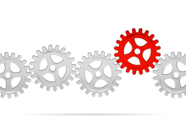 Row Metal Cogwheel Gears Central Red Wheel White Background Illustration — Stock Photo, Image