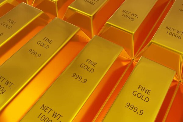 Упакованные ряды блестящих золотых слитков или слитков фона - основная концепция производства электроники металла или денежных вложений, 3D иллюстрация
