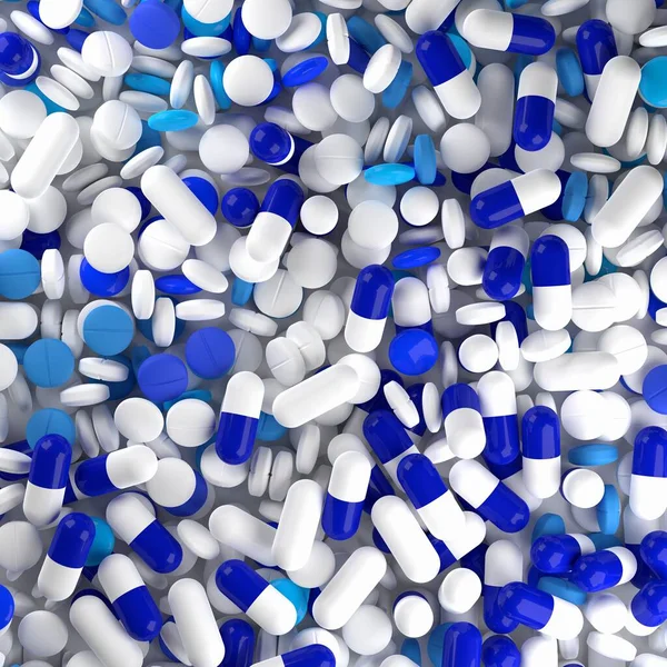 青と白の錠剤とカプセルの背景上からフラットレイアウトを表示 製薬業界や医療の概念 3Dイラスト — ストック写真