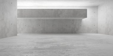 Soyut boş, modern beton oda dolaylı aydınlatılmış tavan, galeri ve kaba zemin - endüstriyel iç plan şablonu, 3D illüstrasyon