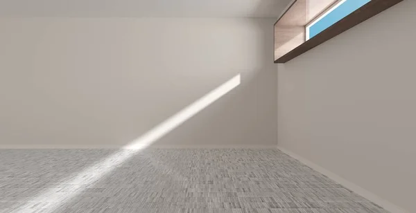 窓の壁と竹の堅木の床と空の白い現代的な部屋 プレゼンテーションやギャラリーのアーキテクチャの背景要素 3Dイラスト — ストック写真