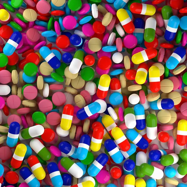 多色薬やカプセルの背景上からフラットレイアウトを表示 製薬業界や医療の概念 3Dイラスト — ストック写真