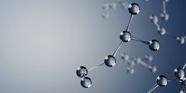 Mavi sıvı zemin üzerinde yüzen soyut cam molekülleri seçici odak ve kopyalama alanı - 3D illüstrasyon, çevre, biyoteknoloji, eczane veya temiz enerji konsepti