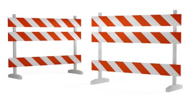 Beyaz zemin üzerinde iki turuncu trafik uyarı sokak bariyeri - yapım, bakım veya dikkat konsepti altında, 3D illüstrasyon
