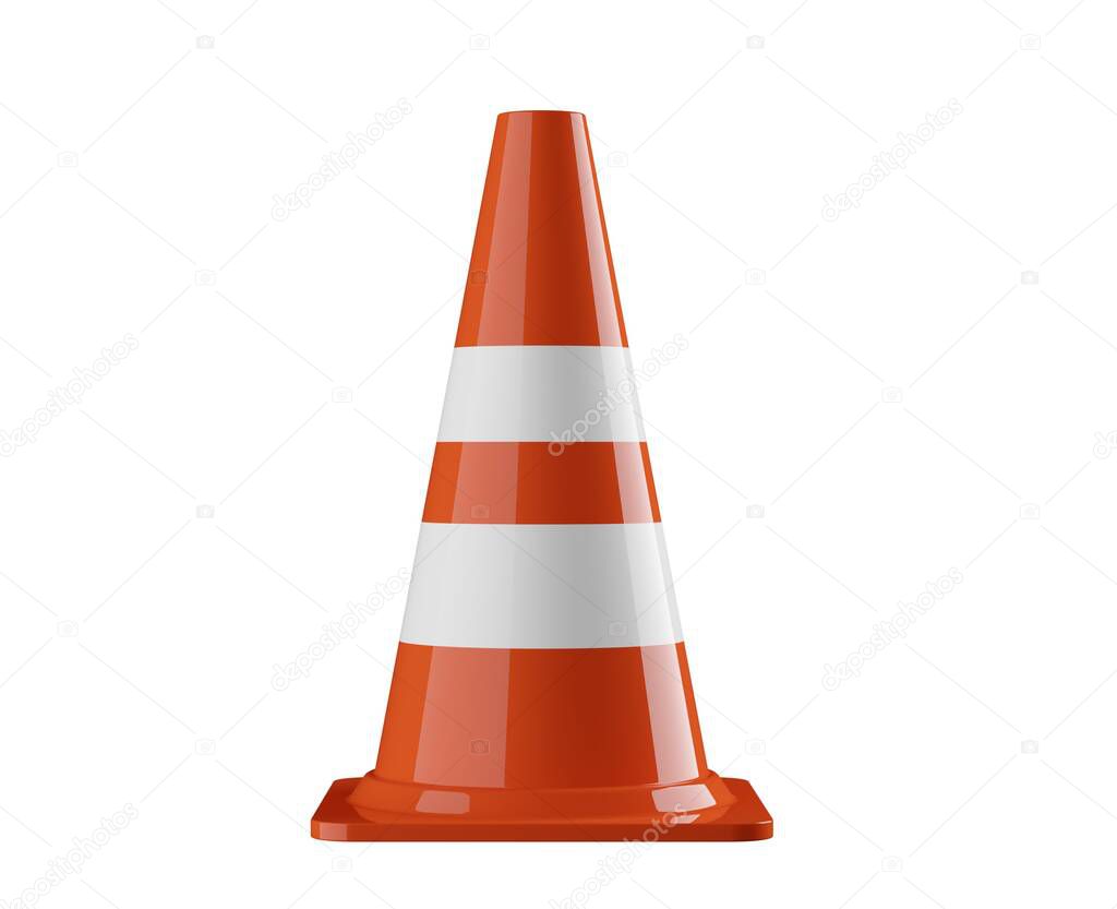 Single orange traffic warning cone or pylon isolated on white background - under construction, maintenance or attention concept, 3D illustration