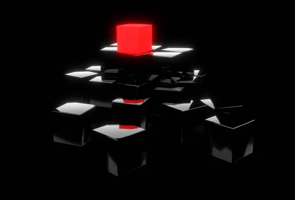 Red cube on top of heap of black cubes over black background - software module, teamwork or standing out from the crowd leadership concept, 3D illustration