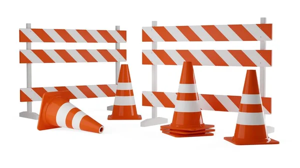 白色背景下带有街道屏障的橙色交通警告锥或塔 正在建设 维护或注意概念 3D插图 — 图库照片