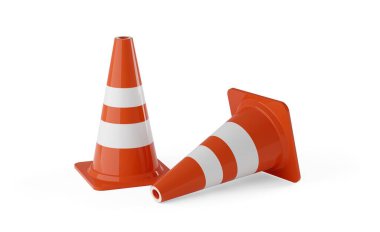 Beyaz zemin üzerinde iki turuncu trafik uyarı konisi veya sütun - yapım, bakım veya dikkat konsepti altında, 3D illüstrasyon