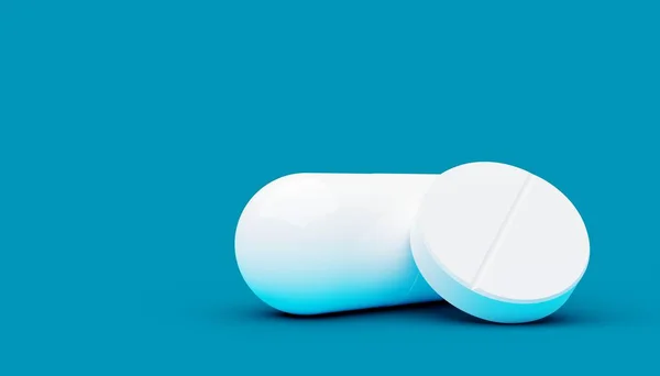 青の背景に白い錠剤または錠剤とカプセル 最小限の薬局や薬の概念 3Dイラスト — ストック写真