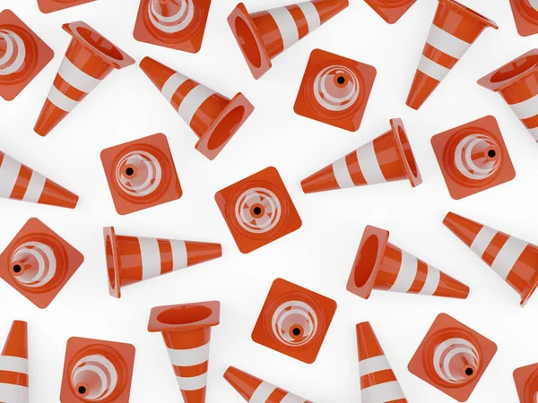 Oranje Verkeerswaarschuwing Kegels Pylonen Achtergrond Witte Achtergrond Plat Lag Bovenaanzicht — Stockfoto