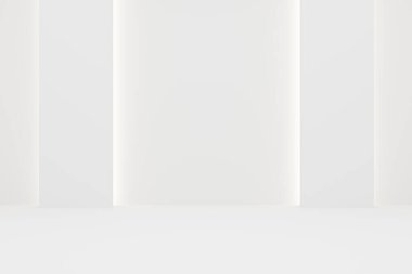 Boş, modern, soyut, arka duvardan göze çarpan aydınlatma ile beyaz oda - galeri, ürün veya modern iç mekan şablonu, 3D illüstrasyon