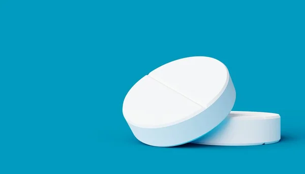 Dwie Białe Tabletki Lub Tabletki Niebieskim Tle Minimalna Apteka Lub — Zdjęcie stockowe