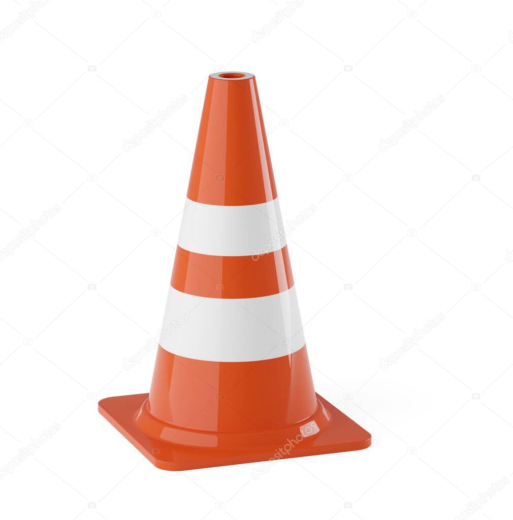 Single orange traffic warning cone or pylon on white background - under construction, maintenance or attention concept, 3D illustration