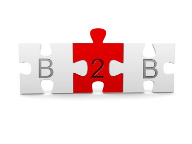 B2B ile üç yapboz parçası, işten işe, beyaz arkaplan üzerine metin - iş ağı konsepti, 3D illüstrasyon