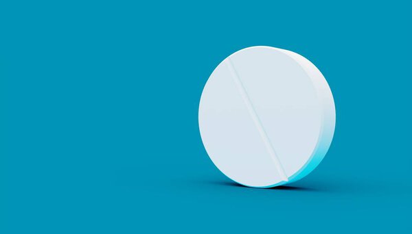 Single white pill or tablet on blue background, minimal pharmacy or medication concept, 3D illustration