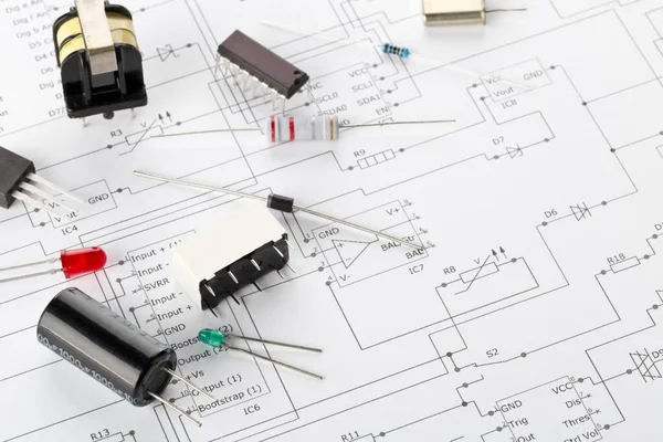 Diferentes Piezas Componentes Electrónicos Fondo Del Diagrama Cableado Pcb Con — Foto de Stock