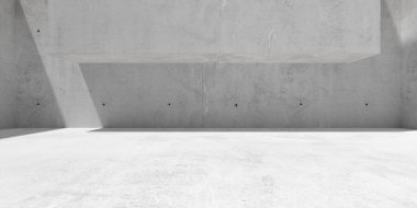 Soyut boş, modern beton duvarlar. Güneş ışığı gölgesi olan dış oda. Endüstriyel dış plan şablonu, 3 boyutlu illüstrasyon.