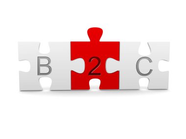 B2C ile üç yapboz parçası, işten tüketiciye, beyaz arkaplan üzerine metin - iş ağı konsepti, 3D illüstrasyon