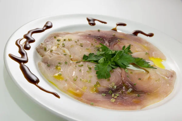 A delicious carpaccio of fresh Mediterranean swordfish — Stock Photo, Image