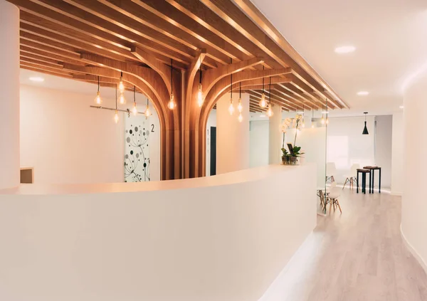 Reception of modern office with lights and wood on the ceiling