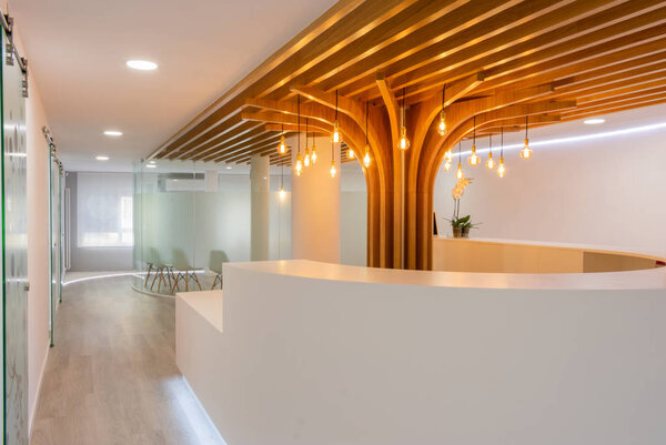 Прием современного офиса с освещением и деревом на потолке
