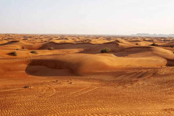 Zandduinen in de woestijn bij zonsondergang in Dubai — Stockfoto