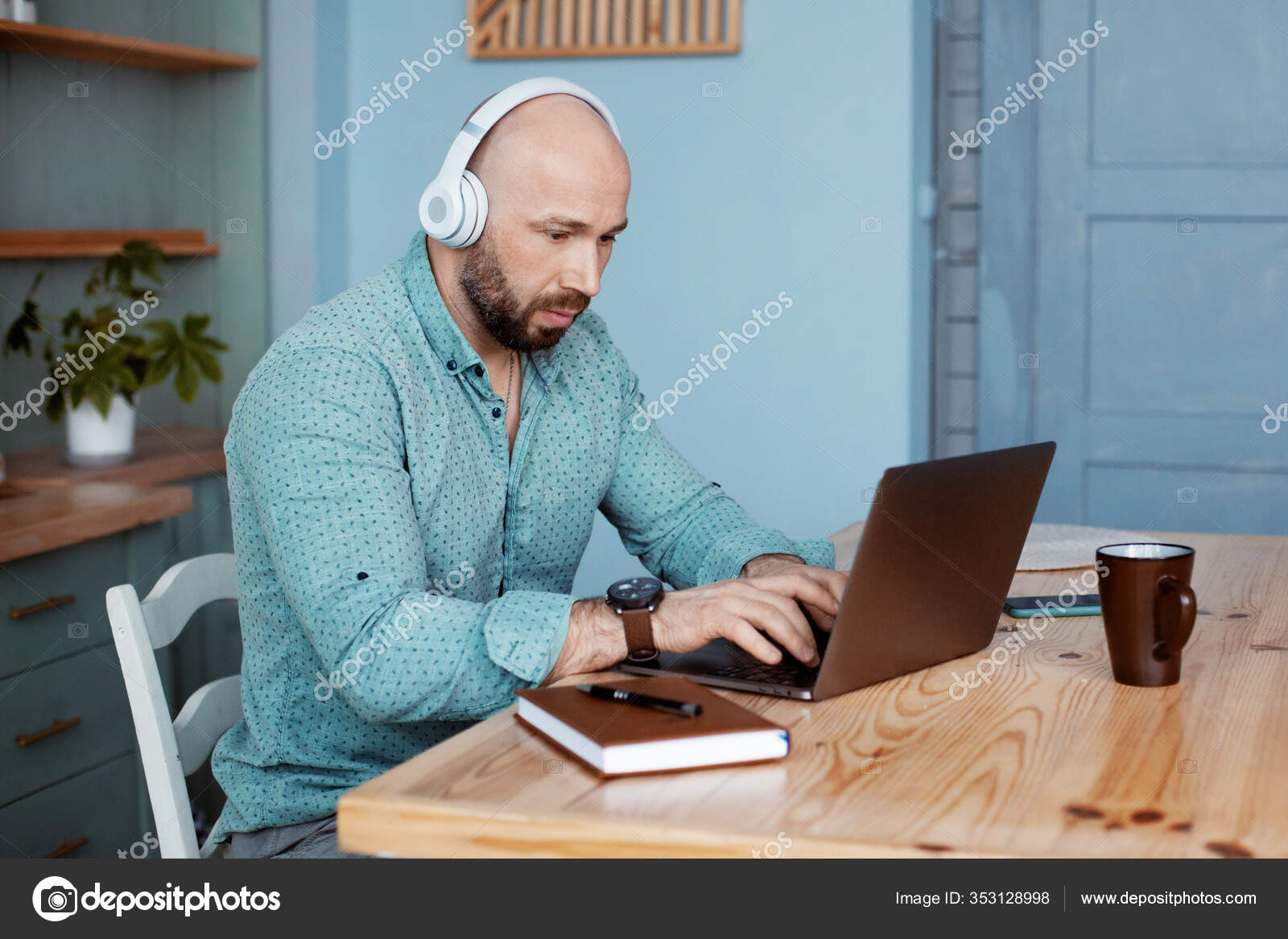 Attractive Man Headphones Working Computer Computer Kitchen Businessman
