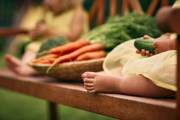 Little Baby Feet Close Basket Carrots Distance Healthy Food Green Stock Photo