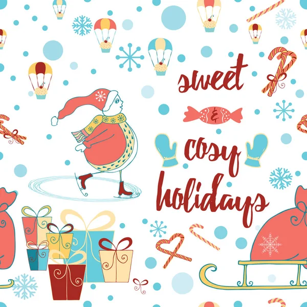 Weihnachten und ein glückliches neues Jahr nahtlose Muster mit Schneemann, Geschenke, Süßigkeiten, Zitat — Stockvektor