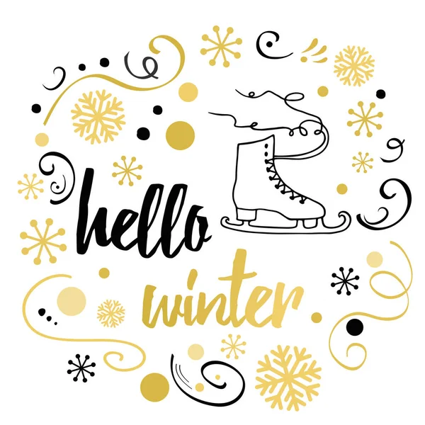 Hola texto de invierno. Fondo de invierno con patín dibujado a mano, copos de nieve en colores dorados modernos — Vector de stock
