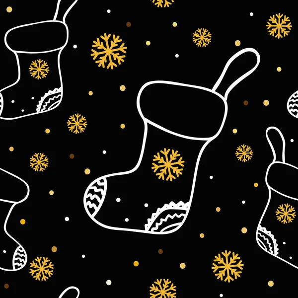 Patrón sin costuras dibujado a mano de Navidad con calcetines de Navidad, copos de nieve en negro — Vector de stock