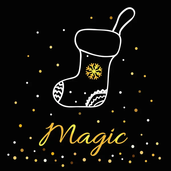 Kerst hand getrokken kaart met kerstsok, tekst Magic in fel goud golor — Stockvector