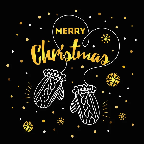 Tarjeta de invierno con texto Feliz Navidad, copos de nieve de oro, manoplas sobre fondo negro — Vector de stock