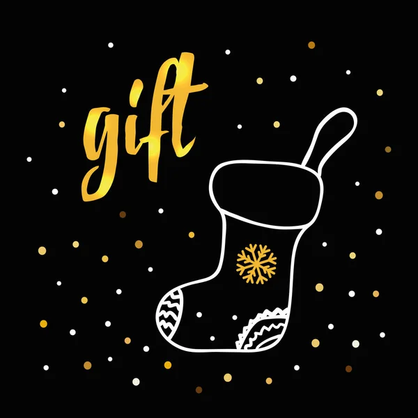 Noel çorabıyla çizilmiş Noel kartı, parlak altın golfçüyle yazılmış bir hediye. — Stok Vektör